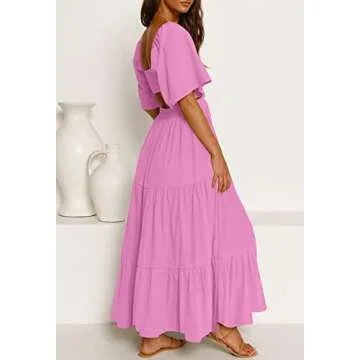 LEANI Womens Summer Short Sleeve Maxi Dress Sexy Cutout Waist Flowy Tiered Long Wedding Party Dresses Pink