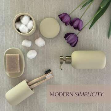 Ceramic Bathroom Accessories Set 4 Pcs - Modern Scandinavian Neutral Soap Dish & Dispenser Toothbrush Holder Cup - Minimalist Countertop Bathroom Accessory Set - Bath Sink Decor Sets - Tan Beige