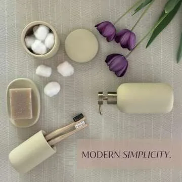 Ceramic Bathroom Accessories Set 4 Pcs - Modern Scandinavian Neutral Soap Dish & Dispenser Toothbrush Holder Cup - Minimalist Countertop Bathroom Accessory Set - Bath Sink Decor Sets - Tan Beige