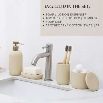 Ceramic Bathroom Accessories Set 4 Pcs - Modern Scandinavian Neutral Soap Dish & Dispenser Toothbrush Holder Cup - Minimalist Countertop Bathroom Accessory Set - Bath Sink Decor Sets - Tan Beige