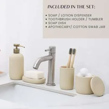 Ceramic Bathroom Accessories Set 4 Pcs - Modern Scandinavian Neutral Soap Dish & Dispenser Toothbrush Holder Cup - Minimalist Countertop Bathroom Accessory Set - Bath Sink Decor Sets - Tan Beige