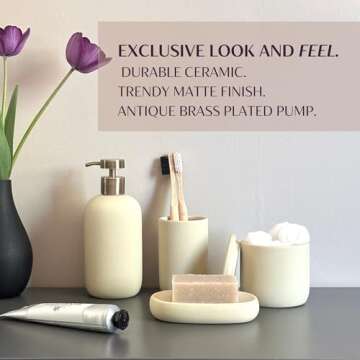 Ceramic Bathroom Accessories Set 4 Pcs - Modern Scandinavian Neutral Soap Dish & Dispenser Toothbrush Holder Cup - Minimalist Countertop Bathroom Accessory Set - Bath Sink Decor Sets - Tan Beige