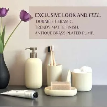 Ceramic Bathroom Accessories Set 4 Pcs - Modern Scandinavian Neutral Soap Dish & Dispenser Toothbrush Holder Cup - Minimalist Countertop Bathroom Accessory Set - Bath Sink Decor Sets - Tan Beige