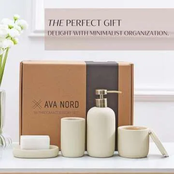 Ceramic Bathroom Accessories Set 4 Pcs - Modern Scandinavian Neutral Soap Dish & Dispenser Toothbrush Holder Cup - Minimalist Countertop Bathroom Accessory Set - Bath Sink Decor Sets - Tan Beige