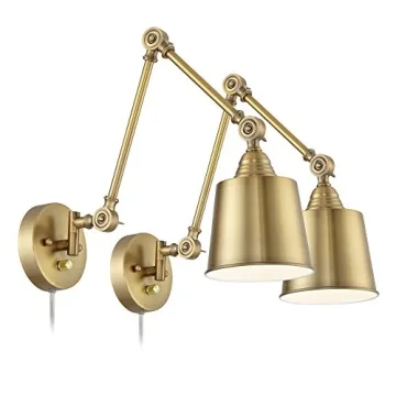 360 Lighting Mendes Modern Swing Arm Adjustable Wall Lamps Set of 2 Antique Brass Plug-in Light Fixt...