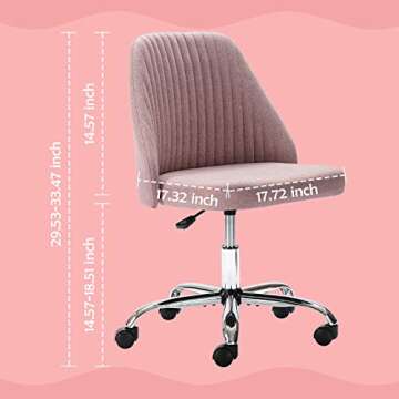 Home Office Desk Chair, Modern Linen Fabric Chair Adjustable Swivel Task Chair Mid-Back Cute Upholstered Armless Computer Chair with Wheels for Bedroom Studying Room Vanity Room (Pink)