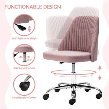 Home Office Desk Chair, Modern Linen Fabric Chair Adjustable Swivel Task Chair Mid-Back Cute Upholstered Armless Computer Chair with Wheels for Bedroom Studying Room Vanity Room (Pink)