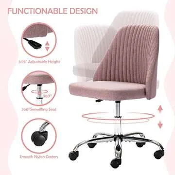 Home Office Desk Chair, Modern Linen Fabric Chair Adjustable Swivel Task Chair Mid-Back Cute Upholstered Armless Computer Chair with Wheels for Bedroom Studying Room Vanity Room (Pink)