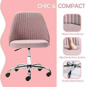 Home Office Desk Chair, Modern Linen Fabric Chair Adjustable Swivel Task Chair Mid-Back Cute Upholstered Armless Computer Chair with Wheels for Bedroom Studying Room Vanity Room (Pink)