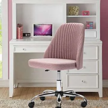 Home Office Desk Chair, Modern Linen Fabric Chair Adjustable Swivel Task Chair Mid-Back Cute Upholstered Armless Computer Chair with Wheels for Bedroom Studying Room Vanity Room (Pink)