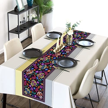 Dia De Los Muertos Table Runner Cinco de Mayo Rustic Linen Mexican Sugar Skull Day of The Dead Altar...