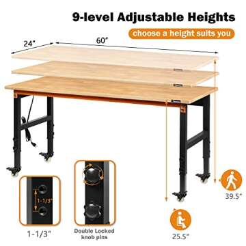 Betterhood 60" Adjustable Workbench for Garage, Rubber Wood Heavy Duty Workstation with Power Outlet...