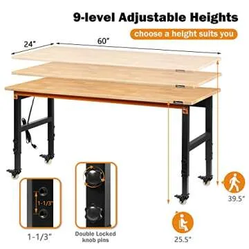 Betterhood 60" Adjustable Workbench for Garage, Rubber Wood Heavy Duty Workstation with Power Outlet...