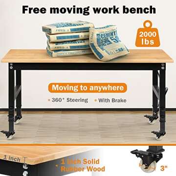 Betterhood 60" Adjustable Workbench for Garage, Rubber Wood Heavy Duty Workstation with Power Outlets & Wheels, 2000 LBS Load Capacity Hardwood Worktable for Workshop, Garage, Office, Home, Commercial