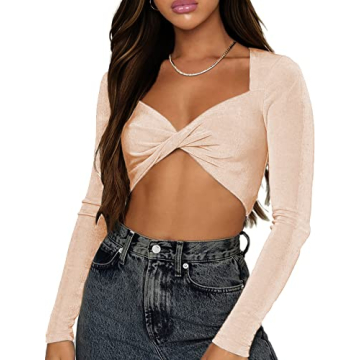 SOFIA'S CHOICE Women's Sexy Twist Front Crop Top Sweetheart Neckline Long Sleeve T Shirt Apricot Kno...