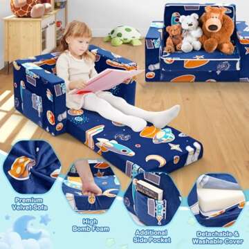 OSYKIU Kids Couch, 2-in-1 Toddler Couch Sofa, Kids Sofa Fold Out, Comfy Toddler Sofa Glowing in The Dark, Child Sofa Chair for Boys Girls Gifts, Convertible Baby Sofa Bed for Playroom Bedroom