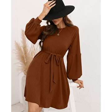 SUPRELOOK Women's Long Sleeve Crew Neck Ribbed Knit High Waist Sweater Dress with Pockets Caramel