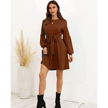 SUPRELOOK Women's Long Sleeve Crew Neck Ribbed Knit High Waist Sweater Dress with Pockets Caramel