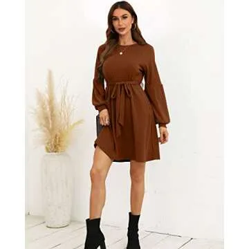 SUPRELOOK Women's Long Sleeve Crew Neck Ribbed Knit High Waist Sweater Dress with Pockets Caramel
