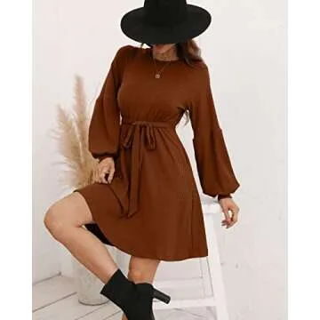 SUPRELOOK Women's Long Sleeve Crew Neck Ribbed Knit High Waist Sweater Dress with Pockets Caramel