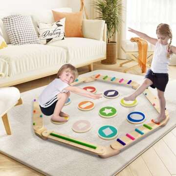 Wooden Balance Beam, Montessori Balance Board for Kids, Toddler Stepping Stones, Sensory Kids Gymnastics Obstacle Course Toy Playset, Improve Balance And Coordination Skills (8 Connectors)