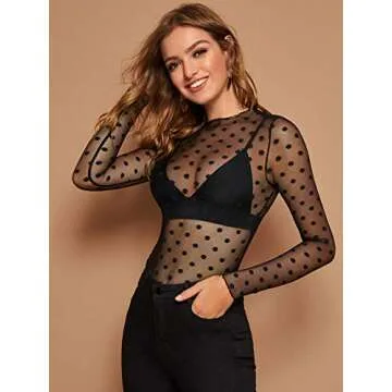 Verdusa Women's Long Sleeve Lettuce Trim Fitted Sheer Mesh Tee Top Black S