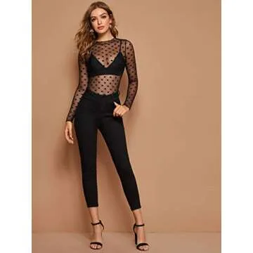 Verdusa Women's Long Sleeve Lettuce Trim Fitted Sheer Mesh Tee Top Black S