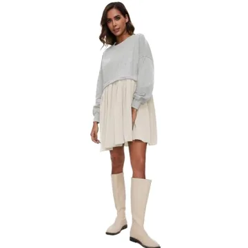 Flygo Womens Casual Oversized Patchwork Sweatshirt Dress