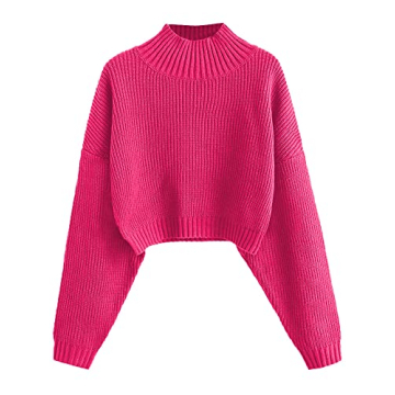 ZAFUL Women's Cropped Turtleneck Sweater Lantern Sleeve Ribbed Knit Pullover Sweater Jumper (1-Rose ...