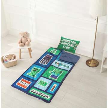 Minecraft Creeper 3 Piece Sleepover Set - Cozy & Warm Slumber Bag with Pillow & Eye Mask (Official Minecraft Product)