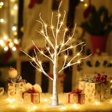 EAMBRITE Tabletop Birch Tree Christmas Decorations, White Birch Tree with Lights, 24 LED Lighted Min...