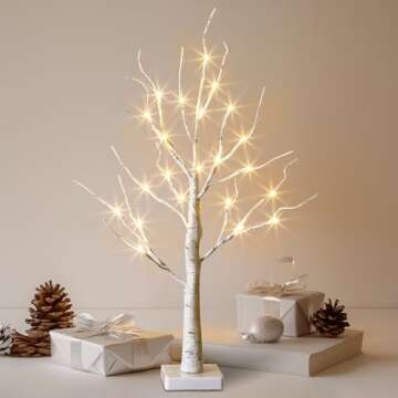 EAMBRITE Tabletop Birch Tree Christmas Decorations, White Birch Tree with Lights, 24 LED Lighted Mini Money Tree Twig Tree Battery Operated with Timer, Indoor Home Centerpiece Decor (2FT/Warm White)
