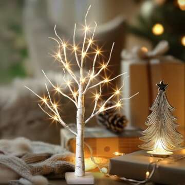 EAMBRITE Tabletop Birch Tree Christmas Decorations, White Birch Tree with Lights, 24 LED Lighted Mini Money Tree Twig Tree Battery Operated with Timer, Indoor Home Centerpiece Decor (2FT/Warm White)