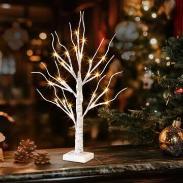 EAMBRITE Tabletop Birch Tree Christmas Decorations, White Birch Tree with Lights, 24 LED Lighted Mini Money Tree Twig Tree Battery Operated with Timer, Indoor Home Centerpiece Decor (2FT/Warm White)