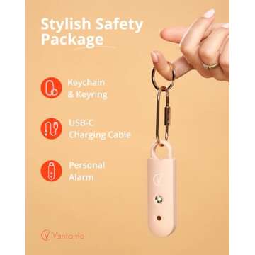 Vantamo Personal Alarm for Women - Extra Loud Double Speakers, First with Low Battery Notice with Strobe Light, Rechargeable - Safety Alarm Keychain