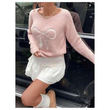 MakeMeChic Women's Bow Print Sweater Crew Neck Long Sleeve Cute Pullover Top