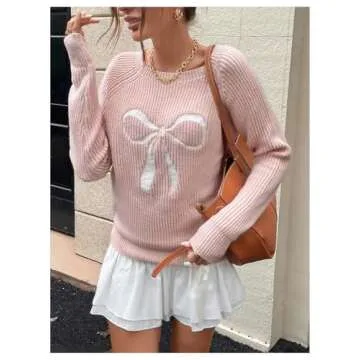 MakeMeChic Women's Bow Print Sweater Crew Neck Long Sleeve Cute Pullover Top