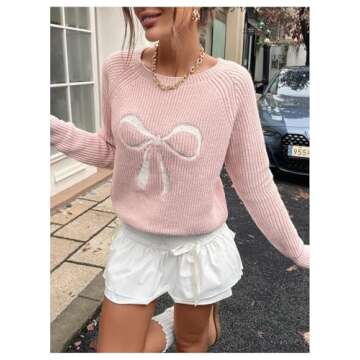 MakeMeChic Women's Bow Print Sweater Crew Neck Long Sleeve Cute Pullover Top
