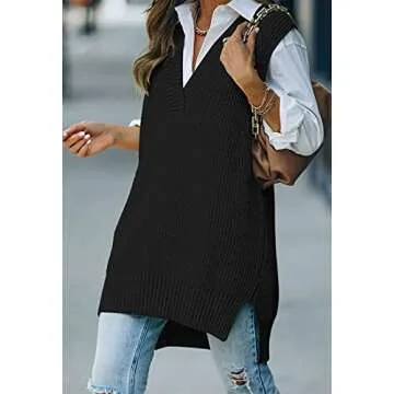 Viottiset Women's Oversized V Neck Houndstooth Knit Sweater Vest Sleeveless Tunic Top Black Large