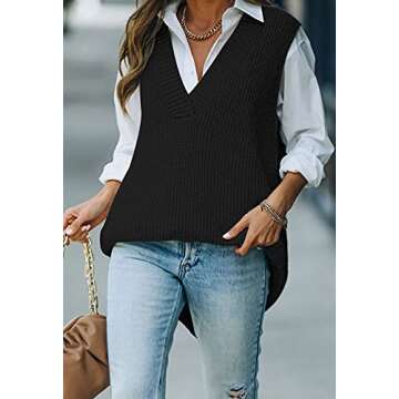 Viottiset Women's Oversized V Neck Houndstooth Knit Sweater Vest Sleeveless Tunic Top Black Large