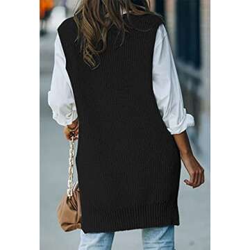 Viottiset Women's Oversized V Neck Houndstooth Knit Sweater Vest Sleeveless Tunic Top Black Large