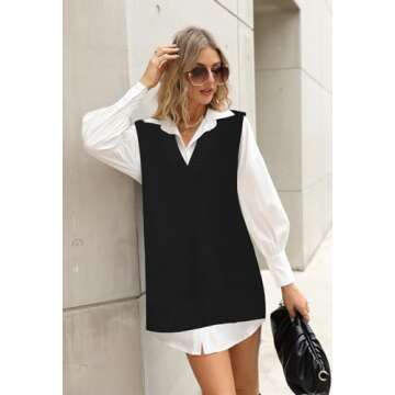 Viottiset Women's Oversized V Neck Houndstooth Knit Sweater Vest Sleeveless Tunic Top Black Large