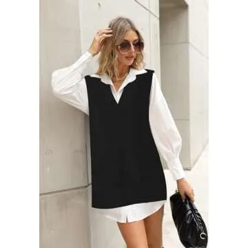 Viottiset Women's Oversized V Neck Houndstooth Knit Sweater Vest Sleeveless Tunic Top Black Large