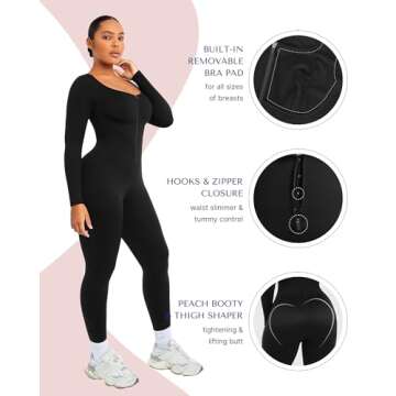 SHAPELLX Jumpsuit for Women One Piece Tummy Control Shapewear Jumpsuits Long Sleeve Bodycon Romper Yoga Sports Bodysuit