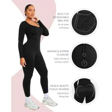 SHAPELLX Jumpsuit for Women One Piece Tummy Control Shapewear Jumpsuits Long Sleeve Bodycon Romper Yoga Sports Bodysuit