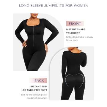 SHAPELLX Jumpsuit for Women One Piece Tummy Control Shapewear Jumpsuits Long Sleeve Bodycon Romper Yoga Sports Bodysuit