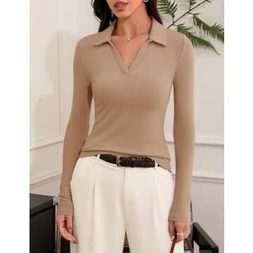 Meetrendi Womens Long Sleeve Shirts Slim Fitted Business Casual Work Tops Collared V Neck Polo Shirt...