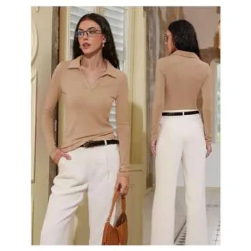 Meetrendi Womens Long Sleeve Shirts Slim Fitted Business Casual Work Tops Collared V Neck Polo Shirt 2025 Fall Outfits Khaki