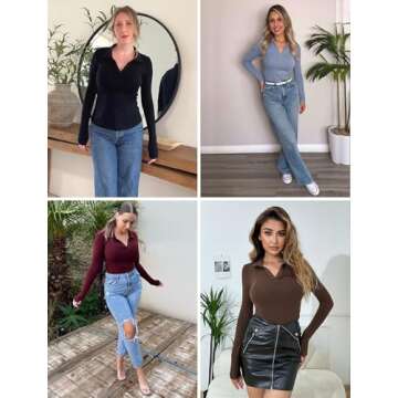 Meetrendi Womens Long Sleeve Shirts Slim Fitted Business Casual Work Tops Collared V Neck Polo Shirt 2025 Fall Outfits Khaki