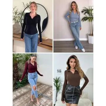 Meetrendi Womens Long Sleeve Shirts Slim Fitted Business Casual Work Tops Collared V Neck Polo Shirt 2025 Fall Outfits Khaki